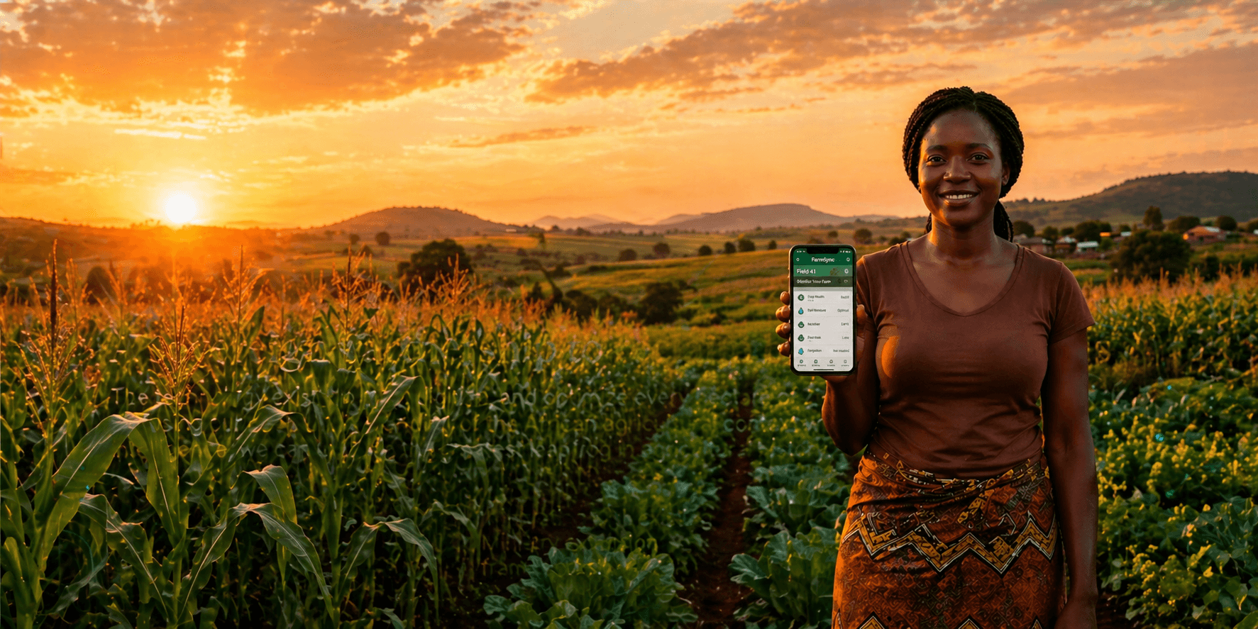 South African farmer holding a phone showing the My Farm Automation app, standing in a maize field at golden hour