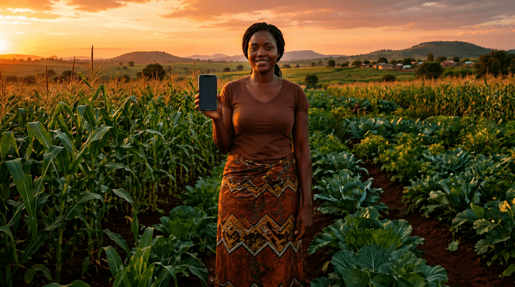 A farmer standing in a field at sunset, holding a smartphone showing the My Farm Automation platform